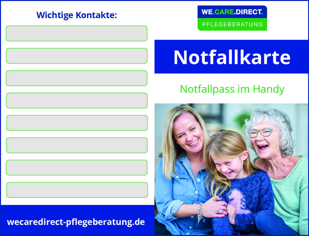 Notfallkarte Vorderseite mit den Feldern: 1. Wichtige Kontakte