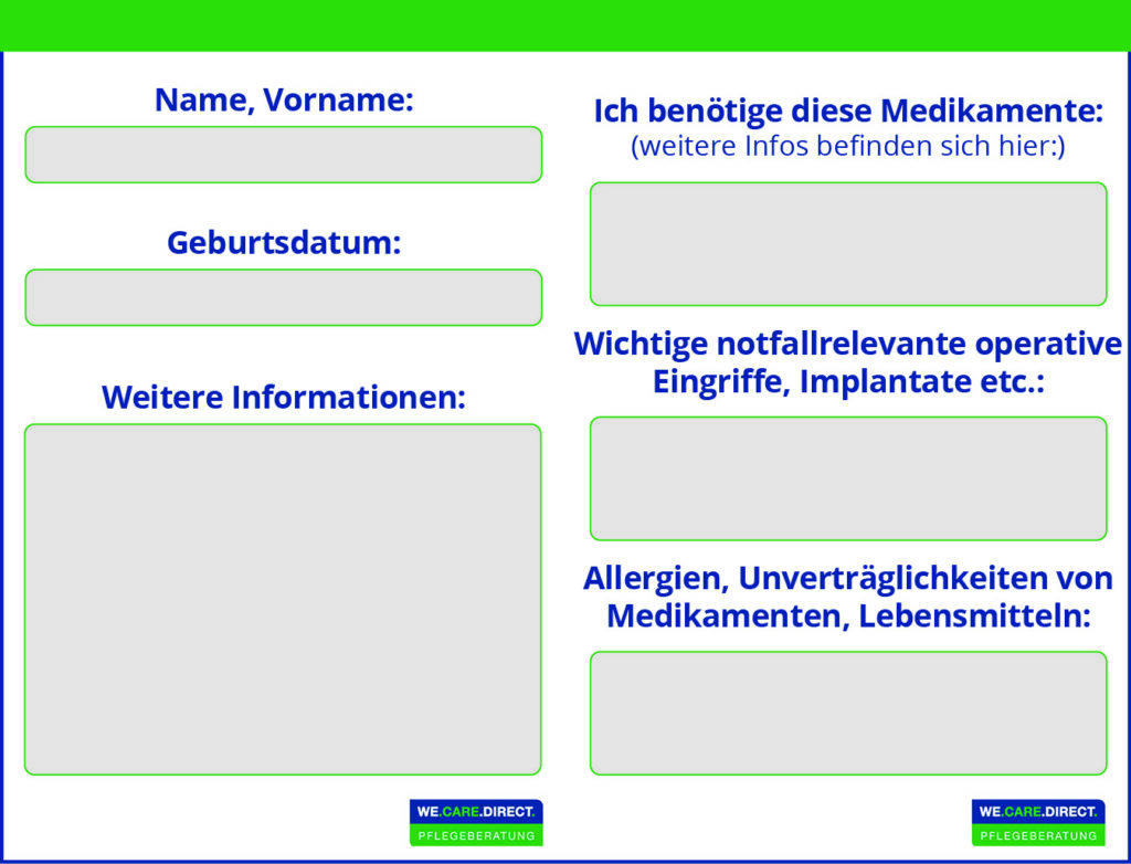 Notfallkarte Rückseite mit den Datenfeldern: 1. Name, Vorname 2. Geburtsdatum 3. Weitere Informationen 4. Ich benötige diese Medikamente: 5. Wichtige notfallrelevante operative Eingriffe, Implantate etc.: 6. Allergien, Unverträglichkeiten von Medikamenten, Lebensmitteln: